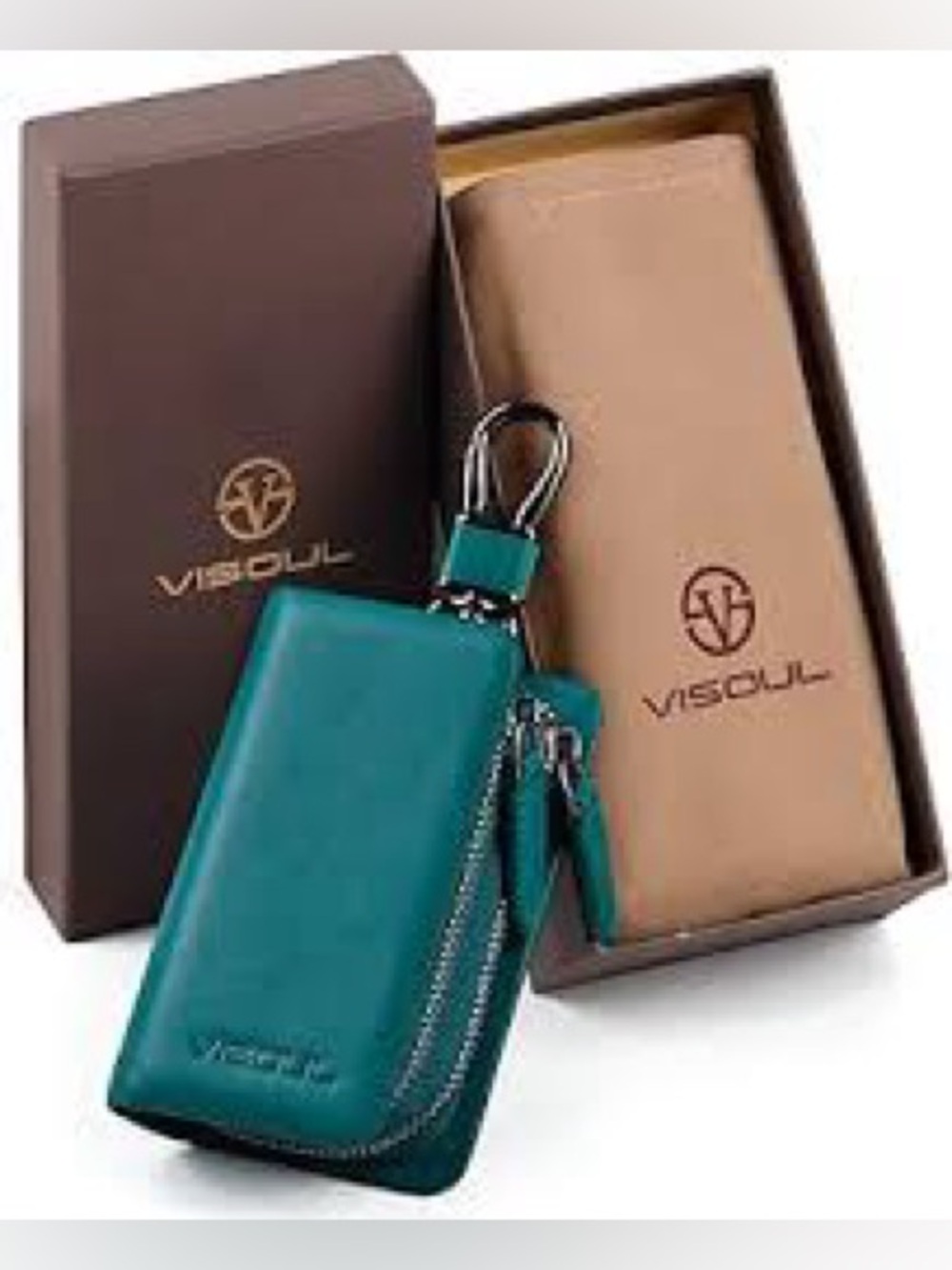 VISOUL Car Key Case Holder Double Zipper, Leather Smart Large, Lake Blue